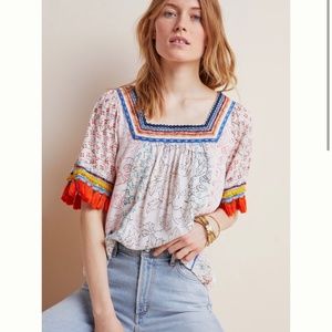 Anthropologie Maeve NWT Paolina Tasseled Blouse size L large